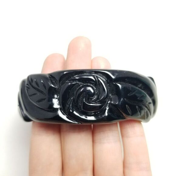 Vintage Black Rose Floral Plastic Bangle Bracelet, Chunky Wide Stacking Estate - Picture 2 of 5